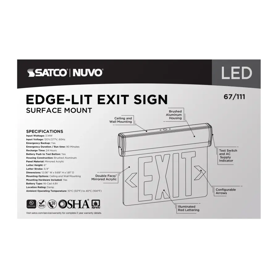 Red Mirror Edge-Lit LED Exit Sign with Battery Backup - Image 6