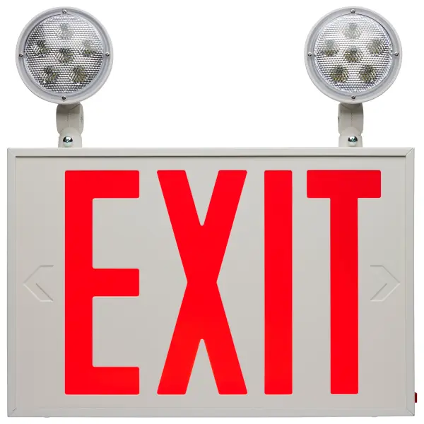 Professional-grade exit and emergency lighting combination featuring 90-minute battery backup, dual adjustable heads, and NYC compliance. Durable 20-gauge steel construction with versatile mounting options for commercial applications. - alternate view