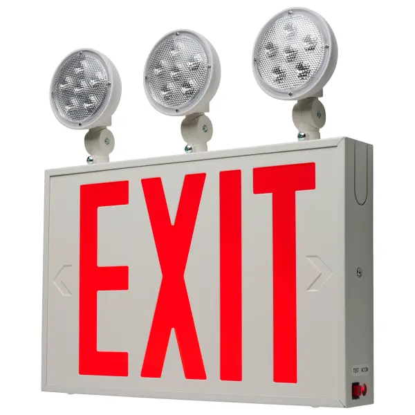 This commercial-grade exit sign combines code-compliant emergency lighting with versatile mounting options. Features NYC-approved red lettering, tri-head emergency lights, and 90-minute Ni-Cad backup for reliable safety coverage.