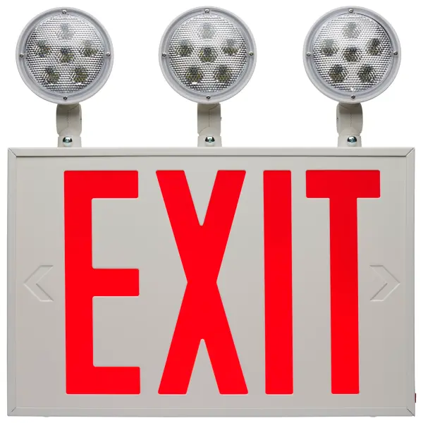 This commercial-grade exit sign combines code-compliant emergency lighting with versatile mounting options. Features NYC-approved red lettering, tri-head emergency lights, and 90-minute Ni-Cad backup for reliable safety coverage. - alternate view