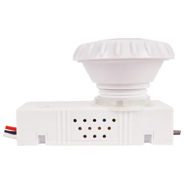 Microwave motion sensor designed for area lighting applications with wide voltage compatibility (100-277V). Ideal for commercial and residential security lighting, garage lighting, and outdoor area control.
