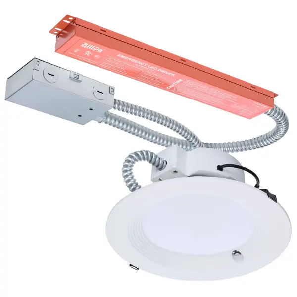 This 8-inch commercial downlight combines field-selectable wattage and color temperature with integrated emergency battery backup, making it ideal for code-compliant commercial installations requiring reliable emergency lighting.