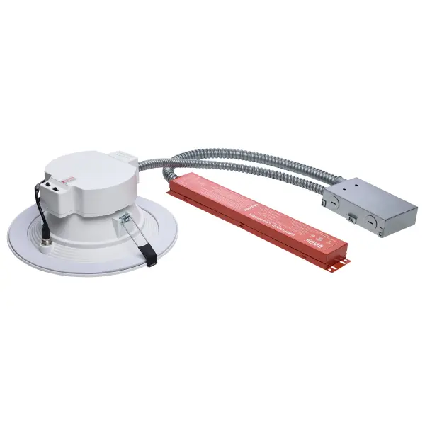 This 8-inch commercial downlight combines field-selectable wattage and color temperature with integrated emergency battery backup, making it ideal for code-compliant commercial installations requiring reliable emergency lighting. - alternate view