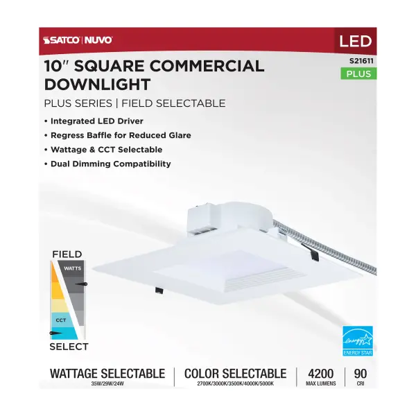 10-Inch Square LED Commercial Downlight - 35W Field Selectable - Image 5