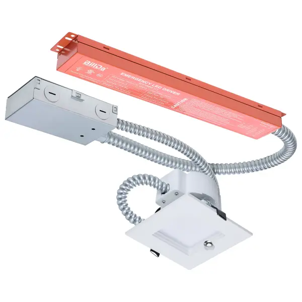 This 4-inch square LED downlight combines commercial-grade performance with emergency backup capability. Field-selectable wattage and color temperature provide installation flexibility, while the integrated lithium-ion battery ensures 90 minutes of emergency illumination. High 90 CRI and dual dimming make it ideal for professional environments requiring code-compliant emergency lighting.