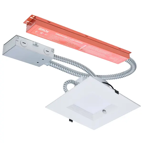 This 8-inch square LED downlight combines commercial-grade performance with emergency backup capability. Field-selectable wattage and color temperature provide installation flexibility, while the integrated lithium-ion battery ensures 90 minutes of emergency illumination. High 90 CRI and low-glare design make it ideal for offices, healthcare, and retail environments.
