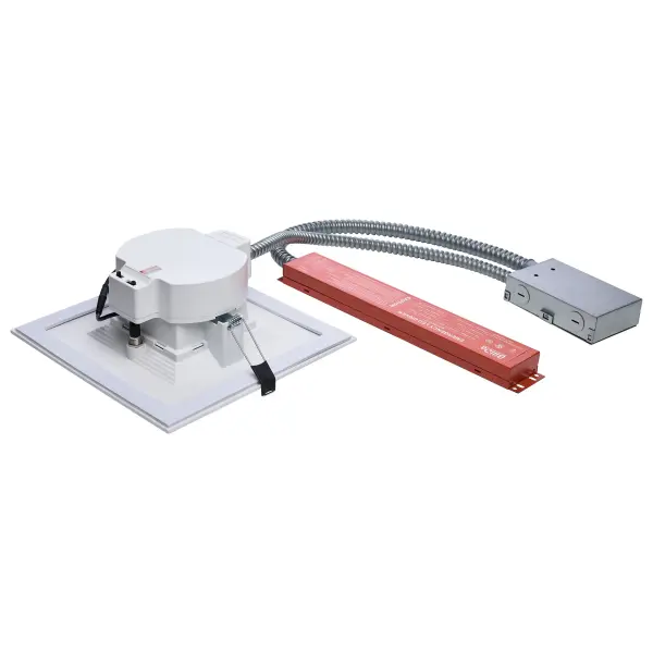This 8-inch square LED downlight combines commercial-grade performance with emergency backup capability. Field-selectable wattage and color temperature provide installation flexibility, while the integrated lithium-ion battery ensures 90 minutes of emergency illumination. High 90 CRI and low-glare design make it ideal for offices, healthcare, and retail environments. - alternate view