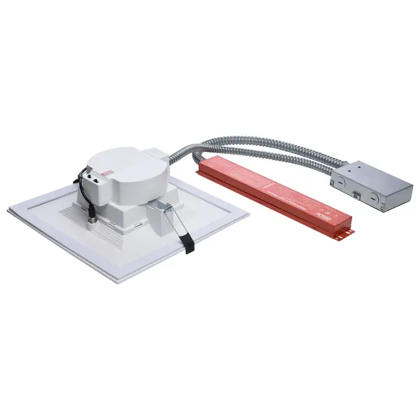 This 10-inch square commercial downlight combines high-performance LED technology with integrated emergency backup, making it ideal for code-compliant commercial installations. Features field-selectable wattage and color temperature. - alternate view