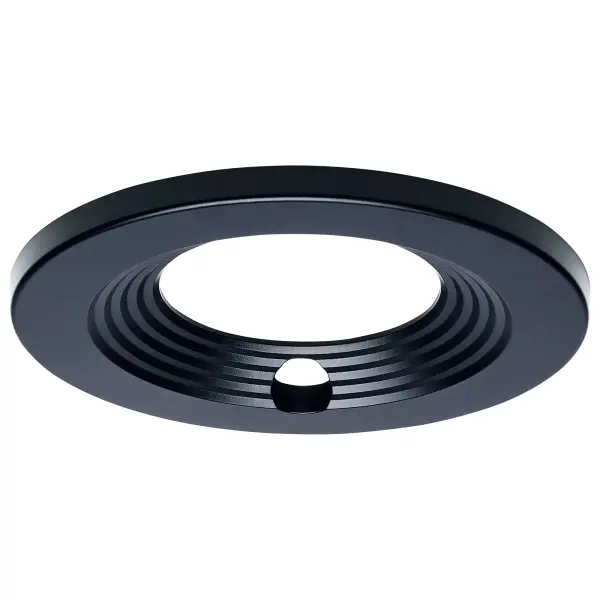 Professional 4-inch round trim designed for commercial LED downlights with integrated emergency driver compatibility. Features a sleek black finish and discreet test button opening for code-compliant installations.