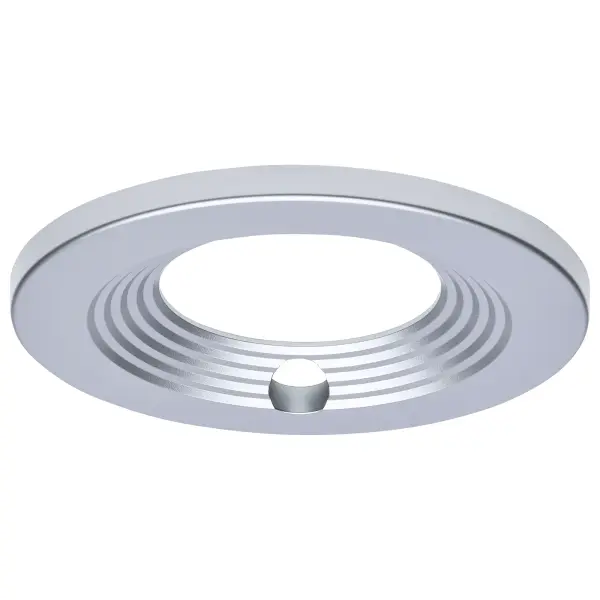 This 4-inch round trim accessory completes LED downlight installations with a sleek silver finish and integrated emergency driver compatibility. Designed for commercial reliability with a discreet test button opening.