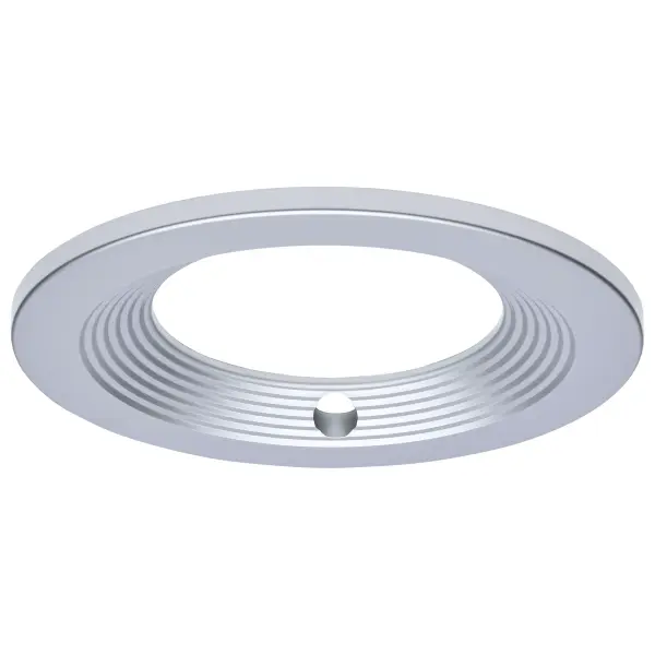 This 6-inch round trim accessory completes commercial downlight installations with integrated emergency driver compatibility. The silver finish provides a clean, professional look with a discreet test button opening.