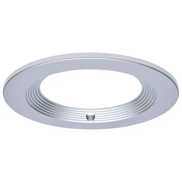This 8-inch round trim accessory completes commercial downlight installations with a sleek silver finish. Features integrated emergency driver compatibility with discreet test button access for code compliance.