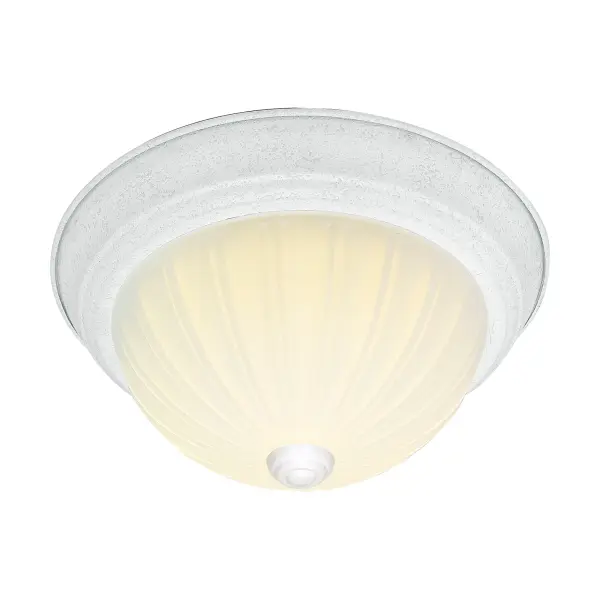 This traditional flush mount delivers timeless style with its frosted melon glass and textured white finish. Perfect for rooms with standard ceiling heights, it provides reliable ambient lighting in a compact 13-inch profile.