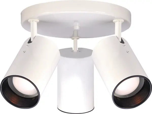 This three-light flush mount delivers practical, focused illumination with pivoting heads that direct light exactly where needed. The clean white finish with black-rimmed interiors offers simple, modern styling perfect for utility spaces.