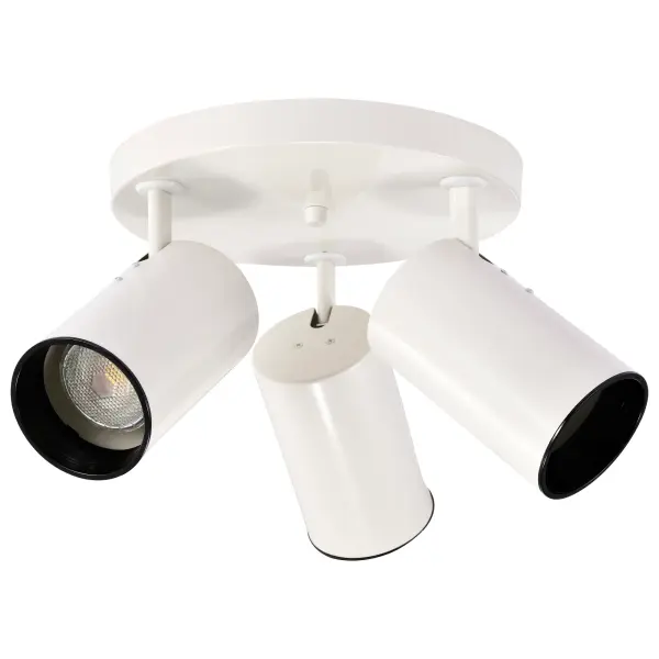This three-light flush mount delivers practical, focused illumination with pivoting heads that direct light exactly where needed. The clean white finish with black-rimmed interiors offers simple, modern styling perfect for utility spaces. - alternate view