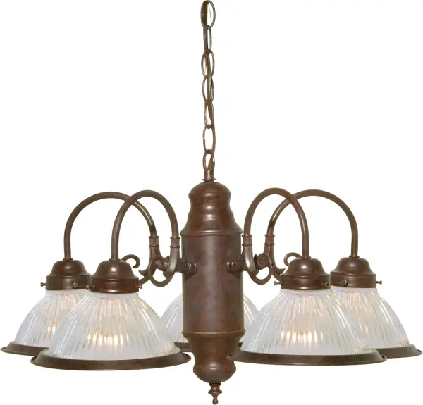 This elegant 22-inch chandelier combines traditional styling with practical illumination. Five A19 bulbs behind clear ribbed glass shades create beautiful light diffusion, while the old bronze finish adds warmth and sophistication to any space.