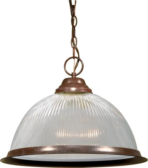 This 15-inch pendant combines traditional styling with industrial charm through its clear prismatic dome and old bronze finish. The textured glass diffuses light beautifully while the durable metal construction ensures longevity.