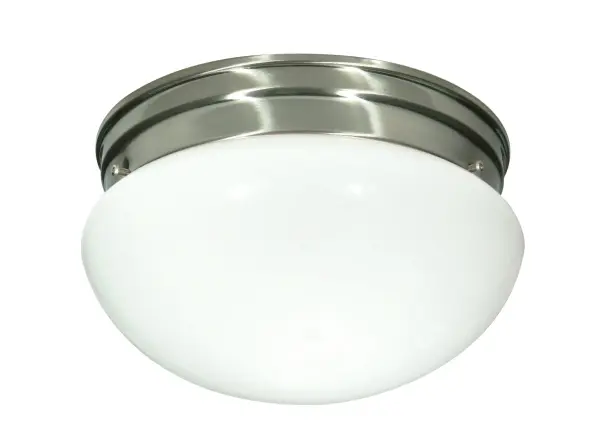 This 10-inch flush mount delivers traditional elegance with its mushroom-shaped white glass and brushed nickel finish. Perfect for hallways, bedrooms, and smaller rooms requiring reliable overhead lighting.