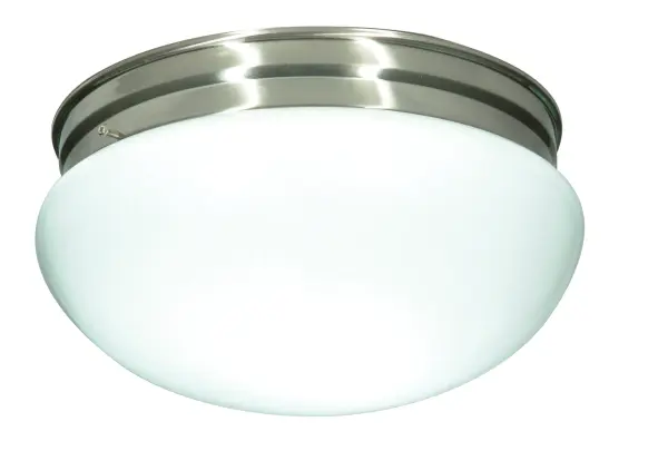 This 12-inch flush mount combines traditional mushroom-shaped white glass with brushed nickel hardware for a sophisticated, versatile lighting solution. Perfect for rooms with standard ceiling heights.