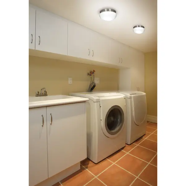 This 12-inch flush mount combines traditional mushroom-shaped white glass with brushed nickel hardware for a sophisticated, versatile lighting solution. Perfect for rooms with standard ceiling heights. - alternate view