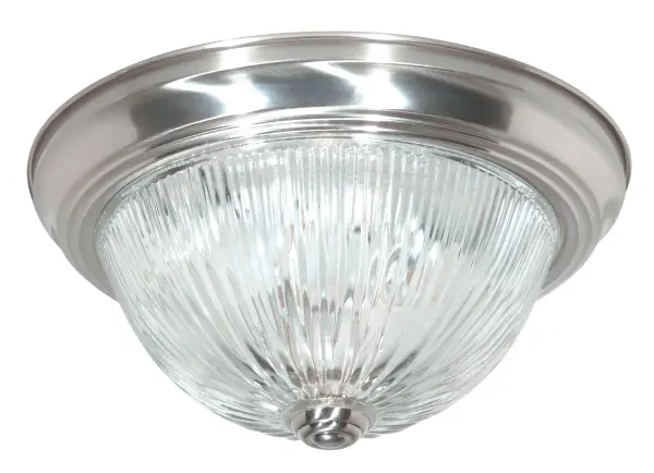 This traditional flush mount combines brushed nickel finish with clear ribbed glass for timeless appeal. Perfect for rooms with standard ceiling heights, it provides functional lighting with decorative charm.