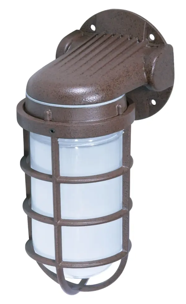 This vapor-proof industrial wall mount combines rugged durability with practical design. The frosted glass globe and aluminum cage protect the bulb while providing ample illumination for exterior spaces.