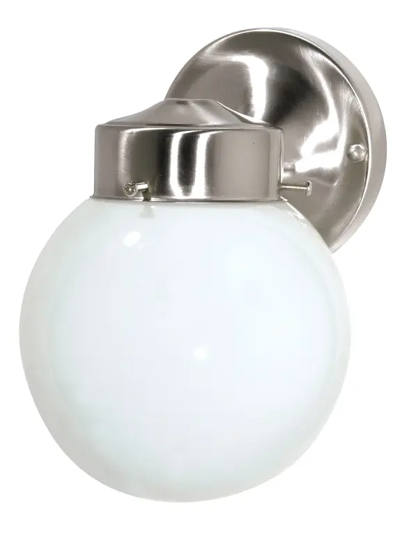 A compact 6-inch outdoor wall light featuring a traditional white globe shade and durable brushed nickel finish. Perfect for illuminating entryways, porches, and exterior doorways with classic styling.