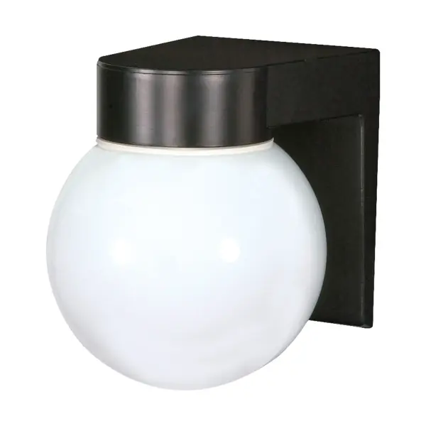 A practical and weather-resistant wall mount fixture designed for functional outdoor illumination. Features a classic white glass globe and durable black finish, ideal for entrances, parking areas, and commercial applications.