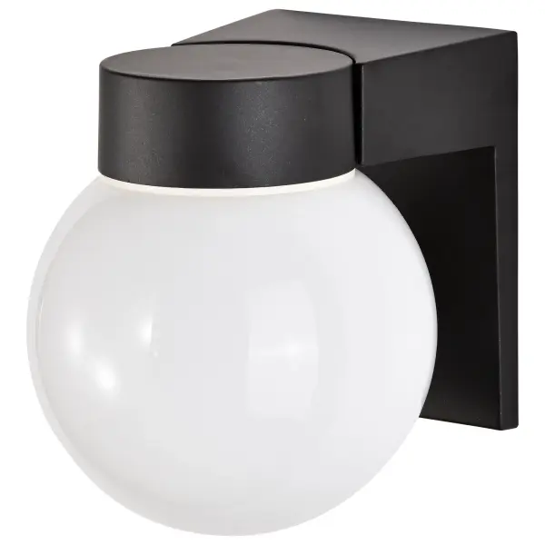 A practical and weather-resistant wall mount fixture designed for functional outdoor illumination. Features a classic white glass globe and durable black finish, ideal for entrances, parking areas, and commercial applications. - alternate view