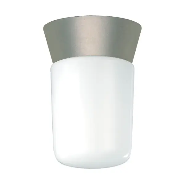 A practical and functional 8-inch ceiling mount designed for exterior applications. Features weather-resistant satin aluminum construction with a white glass cylinder shade, perfect for parking areas and building entrances.