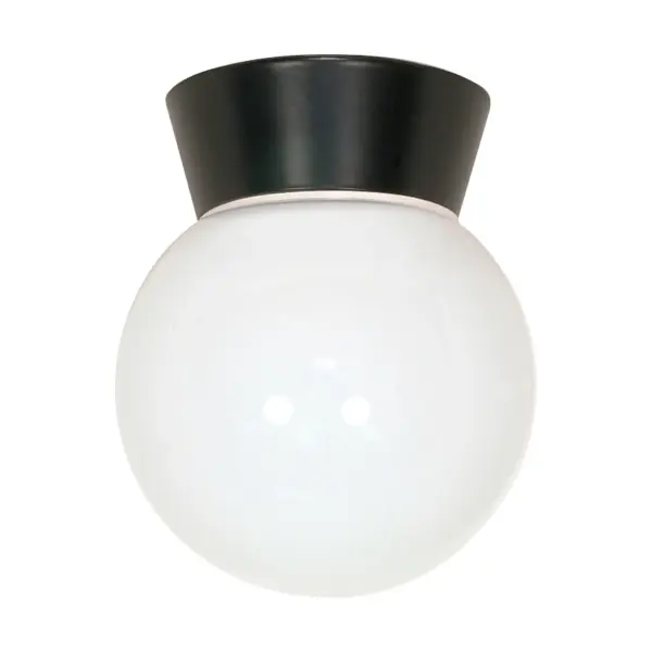 A practical and weather-resistant ceiling mount designed for exterior applications. Features a white glass globe that provides even illumination while the black finish ensures durability in harsh conditions.