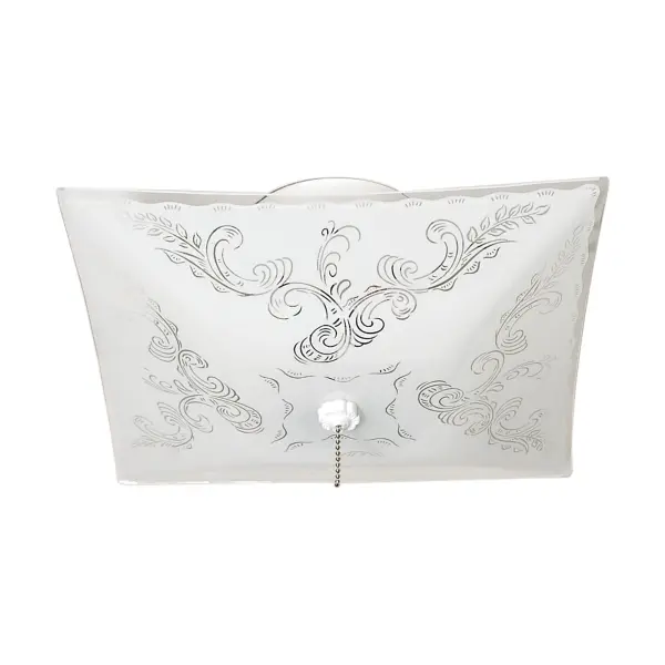 A simple, functional 12-inch flush mount ceiling fixture featuring a traditional square floral design in white finish. The pull chain operation makes it ideal for spaces without wall switches.