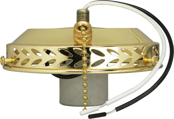 A practical 4-inch fan light holder in classic brass finish, featuring an integrated pull chain for easy on-off control. Designed for ceiling fan installations with intermediate socket compatibility.
