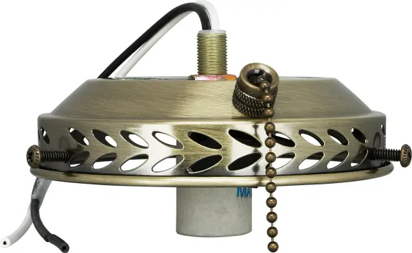 Compact 4-inch fan light holder featuring convenient pull chain on/off control and candelabra socket. The warm antique brass finish adds traditional elegance to ceiling fan installations.