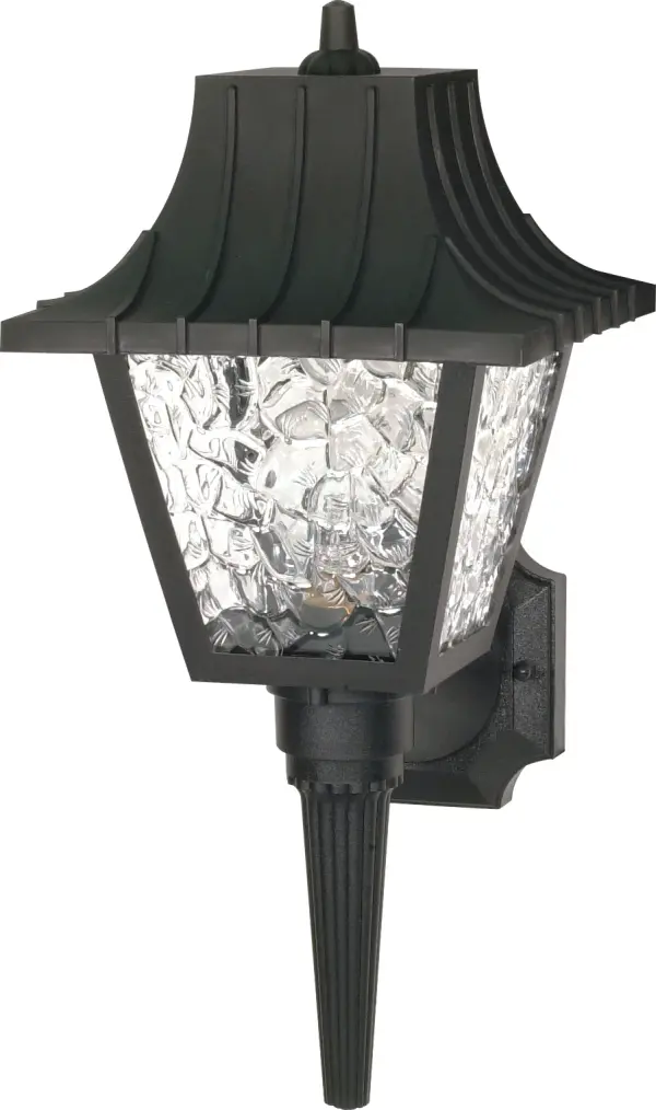 This 18-inch outdoor wall lantern combines traditional mansard styling with durable construction. Textured acrylic panels diffuse light beautifully while the black finish adds timeless appeal to any exterior.