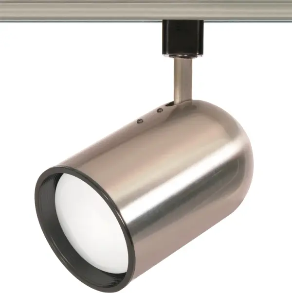 This brushed nickel bullet cylinder track head offers directional R30 lighting ideal for task areas and accent lighting. Its compact profile and neutral finish integrate seamlessly into modern track systems.