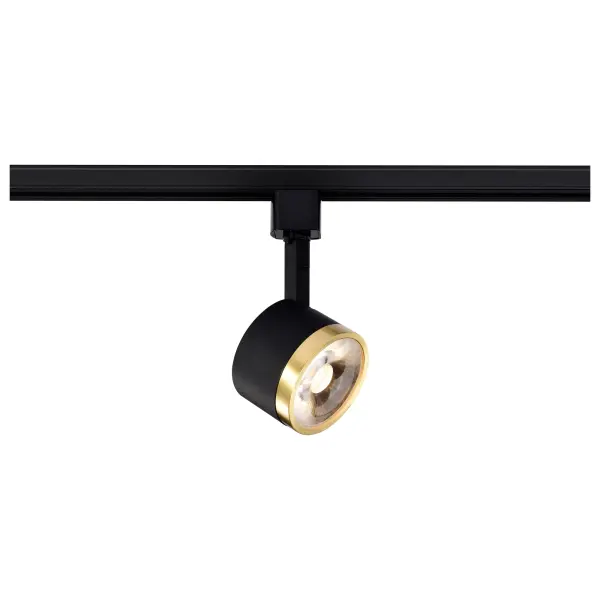 This 12W LED track head combines energy efficiency with contemporary style. The round design features a striking matte black and brushed brass finish that complements modern interiors. Adjustable and swivel functionality allows precise light placement. - alternate view