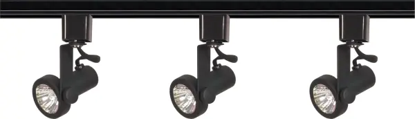 This 4-foot track lighting kit features three adjustable MR16 gimbal ring heads in a sleek black finish, offering flexible directional lighting for task and accent applications in modern spaces.