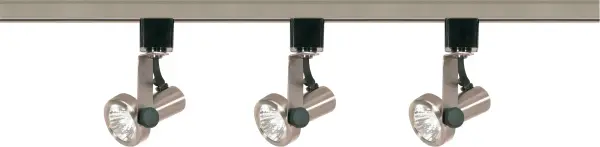 This 4-foot track lighting kit features three adjustable MR16 gimbal ring heads in brushed nickel, offering flexible directional lighting for task and accent applications in modern spaces.