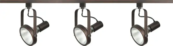 This 4-foot track lighting kit features three adjustable PAR30 gimbal ring heads in a warm Russet Bronze finish, offering flexible directional lighting for task and accent applications in residential and commercial spaces.