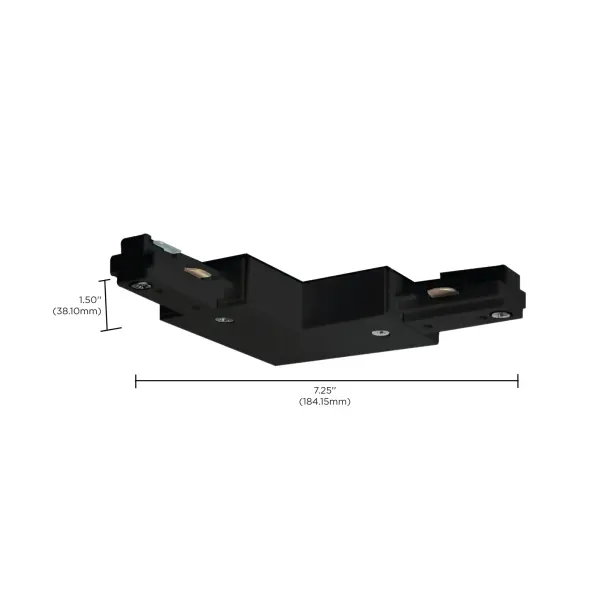 This L-connector allows you to create 90-degree turns in your track lighting system, enabling flexible layout configurations. The traditional black finish integrates seamlessly with existing track components. - alternate view