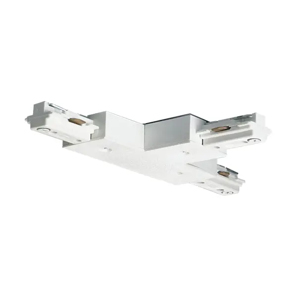 This white T-connector provides a clean junction point for traditional track lighting configurations, allowing you to create custom lighting layouts with perpendicular track runs.