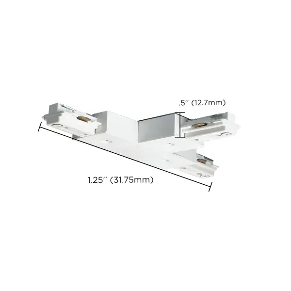 This white T-connector provides a clean junction point for traditional track lighting configurations, allowing you to create custom lighting layouts with perpendicular track runs. - alternate view