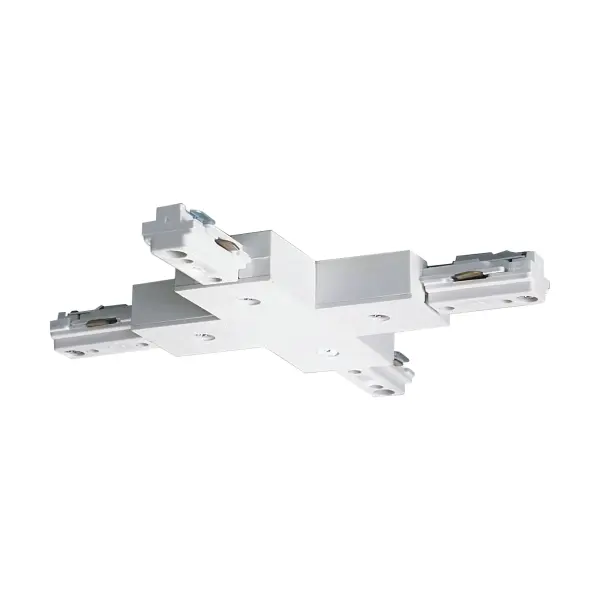 This white X connector enables four-way track lighting configurations, perfect for creating custom lighting layouts in kitchens, offices, and retail spaces. Traditional styling blends seamlessly with existing track systems.