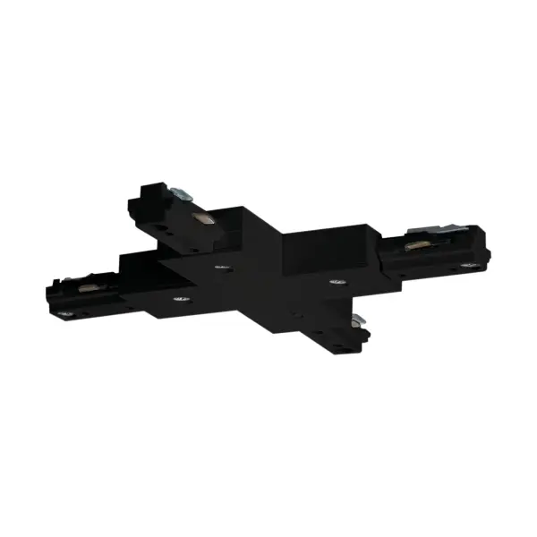 This X-shaped track connector enables four-way track lighting configurations in traditional black finish. Perfect for creating custom lighting layouts in residential and commercial spaces.