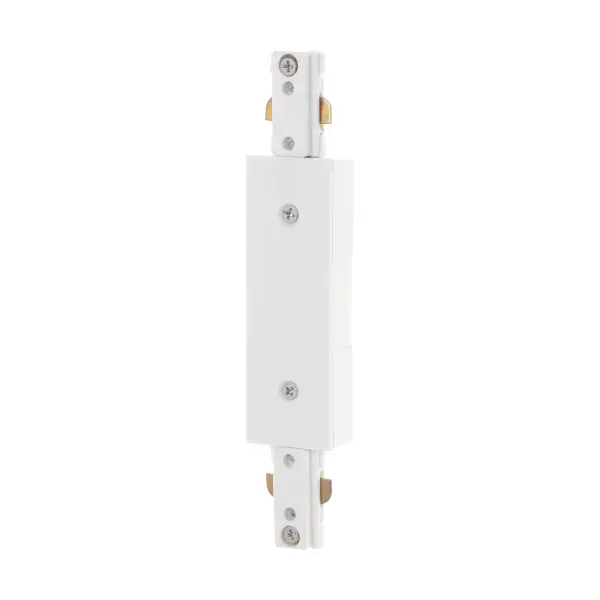 Inline power feed provides seamless electrical connection for track lighting systems. White finish integrates cleanly with modern track installations for residential and commercial applications.