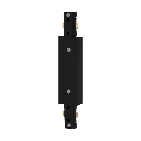 Inline power feed connector for track lighting systems in black finish. Provides electrical connection point for track installations, enabling flexible lighting configurations in residential and commercial spaces.