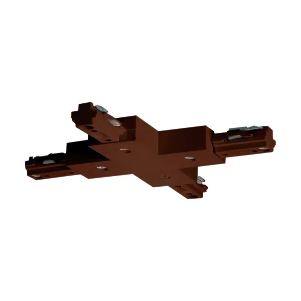 This X connector enables flexible track lighting layouts by creating four-way junctions. The brown finish coordinates with track systems for a cohesive look in residential and commercial spaces.