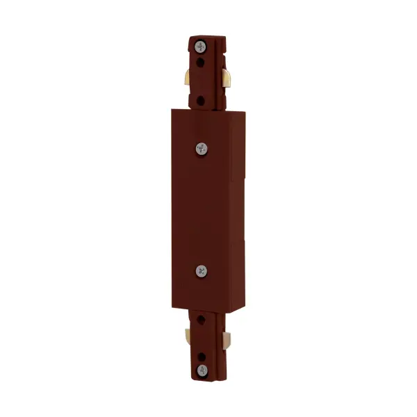 Functional inline power feed connector for track lighting systems in brown finish. Enables flexible power distribution along track runs for residential and commercial applications.