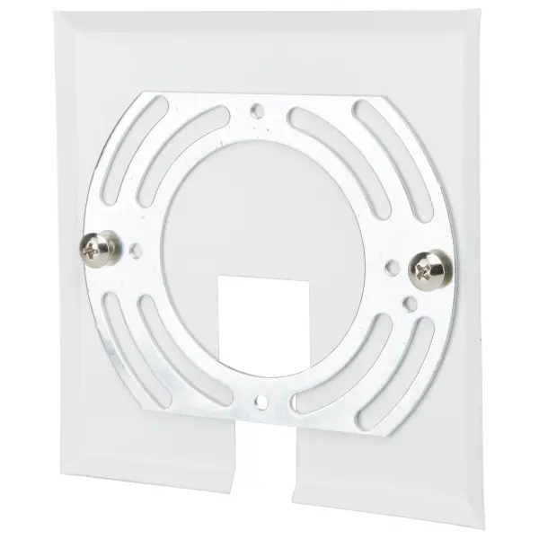 This white current limiter canopy plate is a critical safety component for track lighting installations, providing electrical protection and a clean finished appearance for track system connections. - alternate view